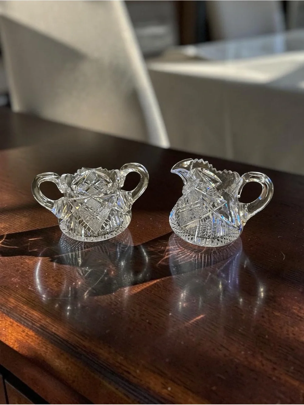Vintage Clear Cut Glass Creamer Sugar Set Clear Crystal-Style with saw tooth rim